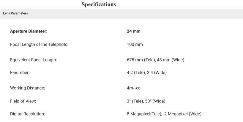 Specifications Lens Parameters Aperture Diameter:  24 mm Focal Length of the Telephoto: 100 mm Equivelent Focal Length: 675 mm (Tele), 48 mm (Wide) F-number: 4.2 (Tele), 2.4 (Wide) Working Distance: 4m~∞ Field of View: 3° (Tele), 50° (Wide) Digital Resolution: 8 Megapixel(Tele),  2 Megapixel (Wide)